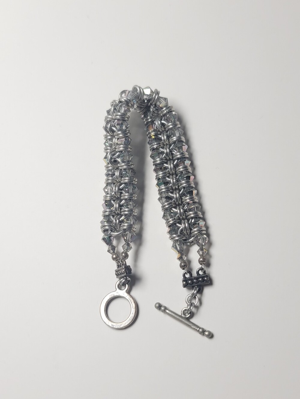Artisan Smoky AB Bicone Crystal Chainmaille Byzantine Ladder Silver Bracelet